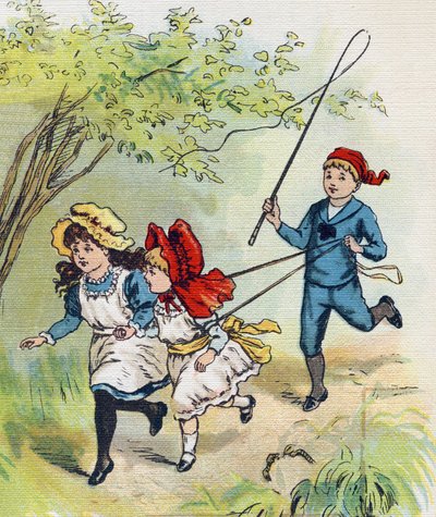 A boy playing horse with his two sisters. Engraving in "ABC L