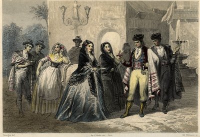 法国记者兼旅行家路易-埃诺（Louis Enault，1824-1900 年）在《地中海》一书中描绘的马略卡岛（马略卡岛，Mallorca）上的一幕，一个年轻人向一个女孩献花。 作者 未知艺术家