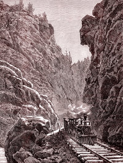 穿越科罗拉多山脉的火车。1886 年的美国（雕刻） 作者 未知艺术家