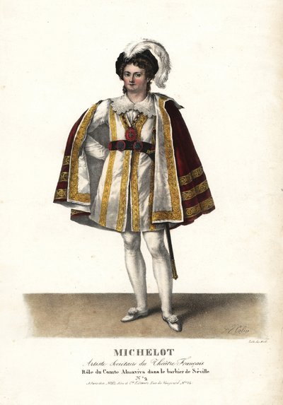 演员 Pierre Marie Nicolas Michelot 在法国剧院皮埃尔-博马舍创作的 Le Barbier de Seville 中饰演阿尔玛维瓦伯爵。F. Noel 根据 Alexandre-Marie Colin 的插图绘制的手绘彩色石版画，选自《Portraits d