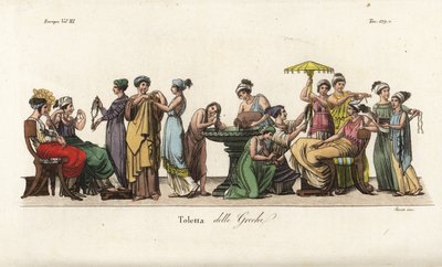 古希腊妇女如厕：在水池中洗头、试穿衣服、整理头发、欣赏项链等，萨索根据佩拉吉奥-帕拉吉的画作绘制的手绘铜版画，出自朱利奥-费拉里奥的《古今服饰》。 作者 Unbekannt