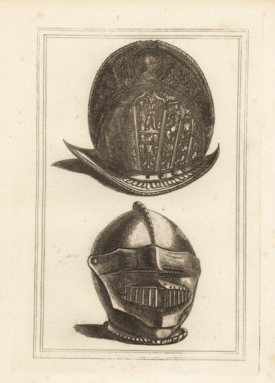 装饰有军事战利品的古代威尼斯 morion 头盔，以及来自伦敦塔的带有统一面罩和 Bever 的 burgonet 头盔 作者 不明