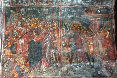 古代壁画；壁画；犹大之吻；耶稣受难；Panagia和Sotiras教堂；希腊东正教教堂；Roustika；克里特岛；希腊；欧洲 作者 不明