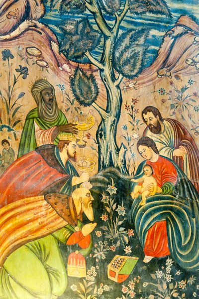 亚美尼亚使徒教会； 壁画; 法师的崇拜； 耶稣基督; 玛丽和约瑟夫； 三位智者送礼； 伯利恒教堂或贝德赫姆教堂； Julfa 区或 Jolfa； 伊斯法罕； 伊朗； 亚洲 作者 不明