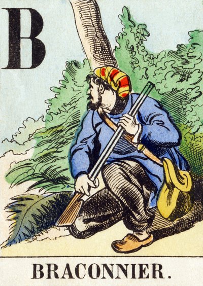 B : Braconnier - 狩猎字母表，约1890年（雕刻）。 作者 不明
