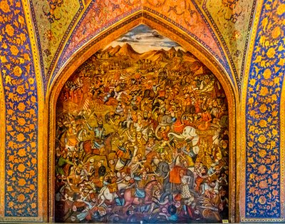 查尔迪兰之战与奥斯曼塞利姆一世 1514 年，壁画宫廷场景和战斗场景，Chehel Sotoun 宫，伊斯法罕，伊斯法罕，伊朗，亚洲（照片） 作者 未知艺术家