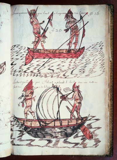 印第安人的船，来自Codex Canadensis（1664-1675）的一页，法国路易-尼古拉的羊皮纸手稿。 作者 未知艺术家