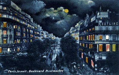 蒙马特大道夜景，巴黎，约 1900 年。 作者 未知艺术家