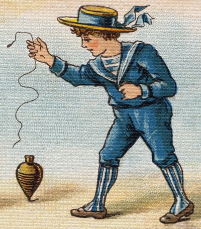 男孩在打陀螺。雕刻在 "Alphabet de ma petite fille "中。Bernardin-Bechet and Fils，书商-出版商，巴黎，1895年左右。画布上的牢不可破的画册。Bibliotheque des Bebes。12页。画册包含阅读方法和插图abec 作者 不明