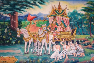 佛陀和雅舍达拉公主以及他们的儿子拉胡拉。佛祖的生活。壁画绘画。Wat Inpeng.万象市。老挝, 20151029, 万象, 老挝 作者 不明