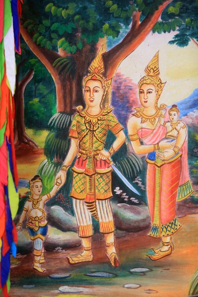 描绘佛祖生活的天花板艺术品。Wat Si Sou Mang Karam寺。Vieng Vang.老挝, 20151102, Vieng Vang, 老挝 作者 不明