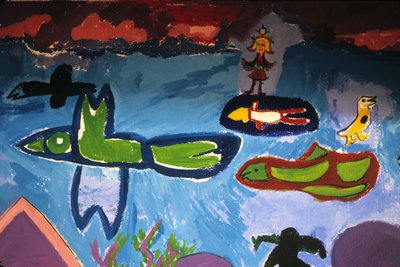 描绘鸟类、鱼类、动物和人物的儿童画，十字鲁斯学校，圣布里厄（圣布里厄）。 作者 不明