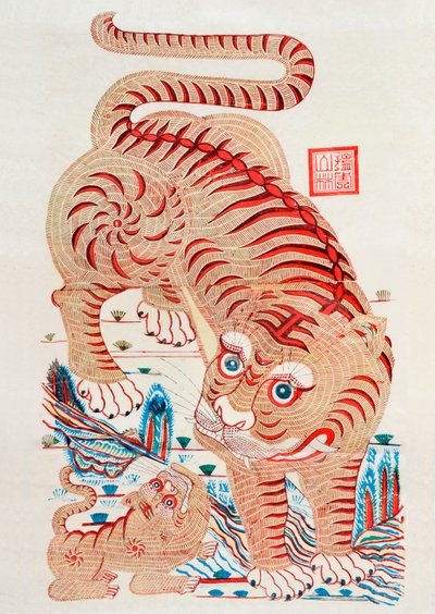 中国虎的木版画（彩色木版画 作者 不明