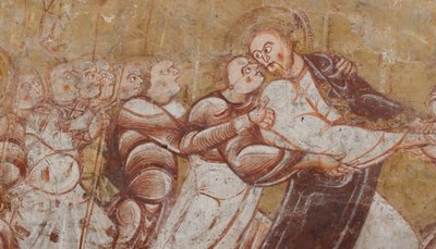 教堂（Église Saint-Martin）。 内部的。 壁画（壁画）。 合唱团的北墙。 细节。 逮捕基督。 12世纪。 作者 不明