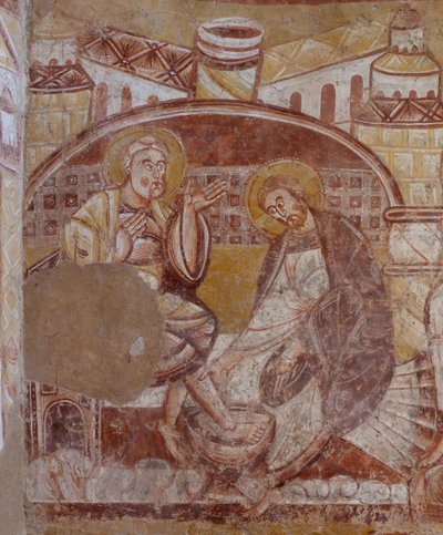 Church (Église Saint-Martin). Interior. Wall paintings (fresco). North wall of the choir. Detail. foot washing. 12th century. 作者 不明