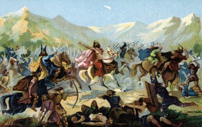 法兰克国王克洛维斯一世（466-511 年）在 496 年与日耳曼部落阿拉曼人进行的托尔比亚克战役中发誓，如果取得胜利，他将改变信仰。19 世纪末（彩色石版画） 作者 未知艺术家