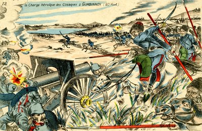 1914 年 8 月 20 日，哥萨克在贡比嫩（Gumbinnen）发起冲锋。 作者 未知艺术家