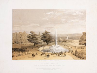 水晶宫，大展之后 从水晶宫的露台台阶看喷泉和公园，约1855年 作者 不明
