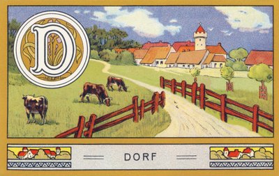 D: Dorf - 字母表 Palmin.H. Schlinck & Cie, Hamburg, n.d.出版的彩色石版画系列。Palmin feinstes Cocosfett的广告。尺寸：7 x 11 cm 作者 未知艺术家