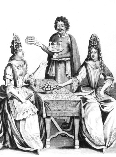 Dames prenant des rafraichissements au 17e siecle (apres 1670) - 17 世纪享用茶点的妇女 - 时尚款式 眼镜 头饰 发型 连衣裙 扇子 咖啡馆 酒吧 法国 作者 未知艺术家