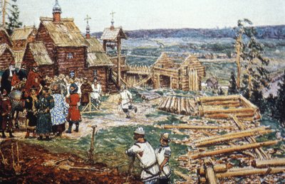 描绘 12 世纪尤里-多尔戈鲁基统治时期用原木建造莫斯科克里姆林宫的场景。 作者 未知艺术家