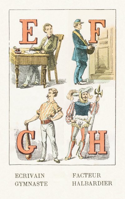E-作家； F-因子； G-体操运动员； H-Halberdier-幼稚的字母，Gordinne版本1920（雕刻） 作者 不明