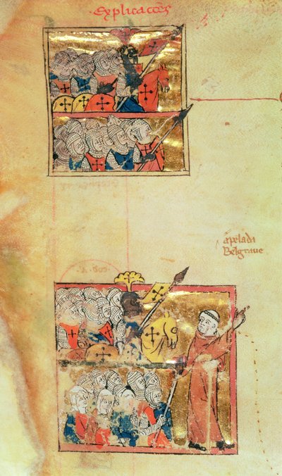 Eg 1500 f.45v 两幅表现隐士彼得率领十字军的微型画，约 1095 年，《世界历史》，约 1286 年（牛皮纸）（详见 11457）。 作者 未知艺术家