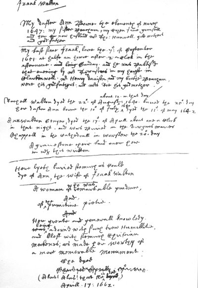 伊扎克·沃尔顿 (Izaak Walton) 在他的《公祷书》副本上的条目，1662 年后（纸上笔墨） 作者 不明