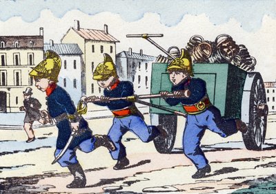 消防员。雕刻在 "儿童军事字母 "中。大约在1890年，对Pont-a-Mousson的想象。20页。尺寸：28,5x21cm 作者 不明