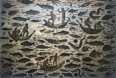 钓鱼场景，马赛克，罗马文明，公元3世纪 作者 未知艺术家