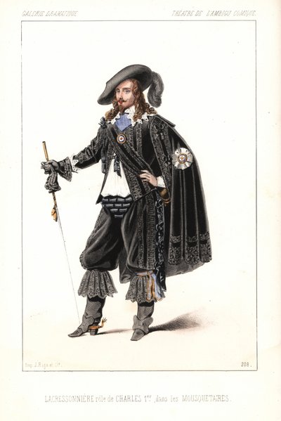 法国演员 Louis Lacressonniere 在大仲马的作品 Les Mousquetaires 中饰演查理一世国王，Ambigu Comique 剧院 作者 未知艺术家