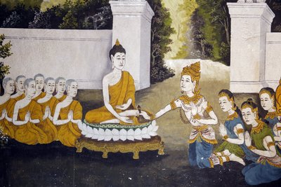清迈Wat Phra Doi Suthep的壁画，描绘了佛祖的生活场景。佛祖接受施舍。泰国 作者 不明