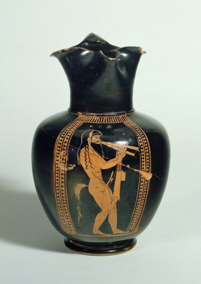 GR.126-1864 Oinochoe，饰有演奏双笛的 Satyr，阁楼红色人物，雅典，希腊，公元前 520 年（粘土） 作者 不明