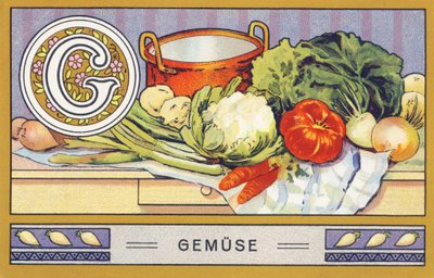 G：Gemuse--字母Palmin。H. Schlinck & Cie, Hamburg, n.d.出版的彩色石版画系列。Palmin feinstes Cocosfett的广告。尺寸：7 x 11 cm 作者 未知艺术家