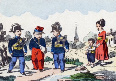 宪兵。在 "儿童军事字母表 "中的雕刻。大约在1890年，对穆松桥的想象。20页。尺寸：28.5x21cm 作者 不明