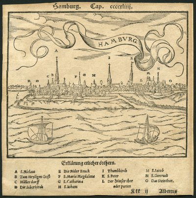 德国汉堡，城市景观，前景为易北河，塞巴斯蒂安-明斯特（Sebastian Muenster，明斯特）约 1570 年创作的 Cosmographia 插图（雕版印刷） 作者 未知艺术家