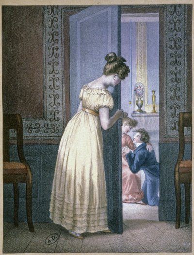 聆听一对恋人私下谈话的女孩，约 1820 年（雕刻） 作者 未知艺术家
