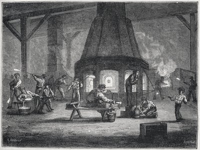 19 世纪下半叶的玻璃制造：儿童正在工作，约 1880 年（雕刻） 作者 未知艺术家
