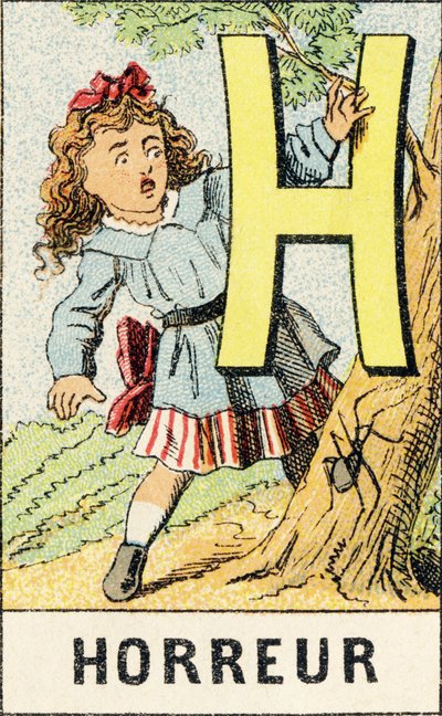 H：恐怖 - 来自 ABCD des petits filles 的雕刻。 Pellerin & Cie，印刷出版商，Epinal，约 1890 年。意甲。尺寸：19 x 13.5 厘米。 作者 不明
