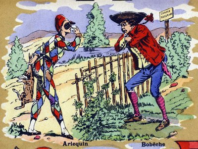 Harlequin和Bobeche .插图的字母表。20世纪初，在贾维尔-南希重聚的图像作品。尺寸：40 x 29 厘米。石版印刷，背景为双色玻璃 作者 未知艺术家