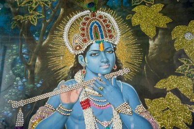 印度教； 克里希纳勋爵的长笛画； Durgiana Mandir 毗湿奴神庙； 阿姆利则； 旁遮普； 印度; 南亚; 亚洲 作者 不明