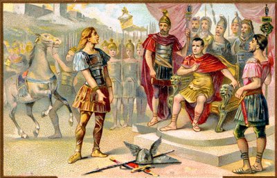 历史古罗马。公元前 52 年，Vercingetorix（高卢部落：Averni 的酋长）在阿莱西亚向凯撒大帝投降。图像，法国，约 1900 年。 作者 Unbekannter Künstler