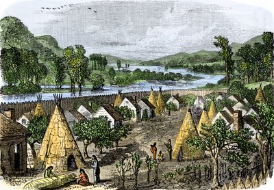 原住民的历史：纽约莫霍克村，约 1780 年。19 世纪的彩色版画。 作者 未知艺术家