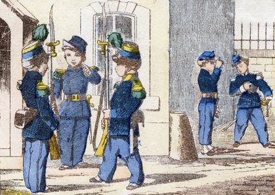 猎人在步行。在 "儿童军事字母表 "中的雕刻。大约在1890年，对Pont-a-Mousson的想象。20页。尺寸：28.5x21cm 作者 不明