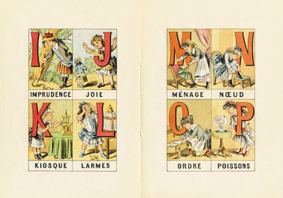 我：鲁莽； J：喜悦； K：售货亭； L：眼泪； M N O P：家庭、结、订单、鱼 - ABCD des petits filles 雕刻。 Pellerin & Cie，印刷出版商，Epinal，约 1890 年。意甲。尺寸：19 x 13.5 厘米。 作者 不明