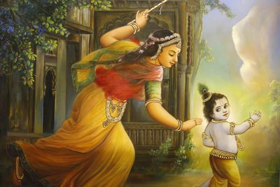 贾拉拉姆-普拉斯纳印度教寺庙，莱斯特。壁画。Yashoda和Krishna。英国 作者 不明