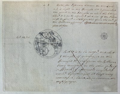 约翰·哈里森 (John Harrison) 于 1755 年 6 月 19 日向经度委员会提到的“小手表”的设计，来自约翰·哈里森 (1693-1776) 和他的儿子威廉 (c.1726-72) 汇编的一套机械笔记和图纸 （纸上笔墨） 作者 不明