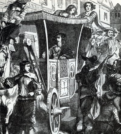 1642 年 1 月 4 日，五名议员约翰-皮姆、约翰-汉普顿、登齐尔-霍利斯、威廉-斯特罗德和亚瑟-哈瑟里格试图被捕，但未遂，查理一世在人群中咆哮。19 世纪（"世界历史 "中的版画） 作者 未知艺术家