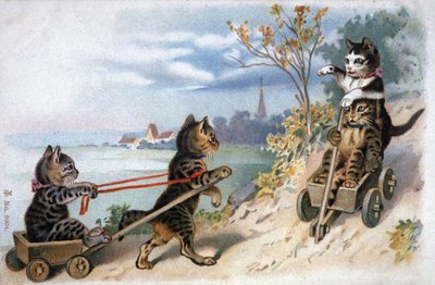 雪橇上的小猫，20 世纪初（明信片） 作者 未知艺术家
