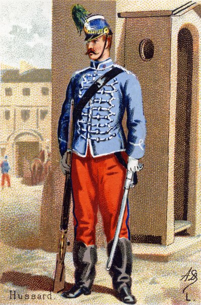L: Hussard.用 "军事字母表 "雕刻。插画师的名字缩写。A. D. 未知出版商。19世纪末的彩色石版画。尺寸：10,5x7cm . 作者 不明